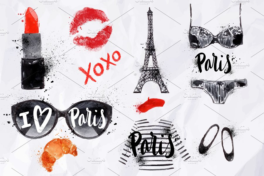 时尚巴黎水彩插画矢量图形 Paris Set插图2