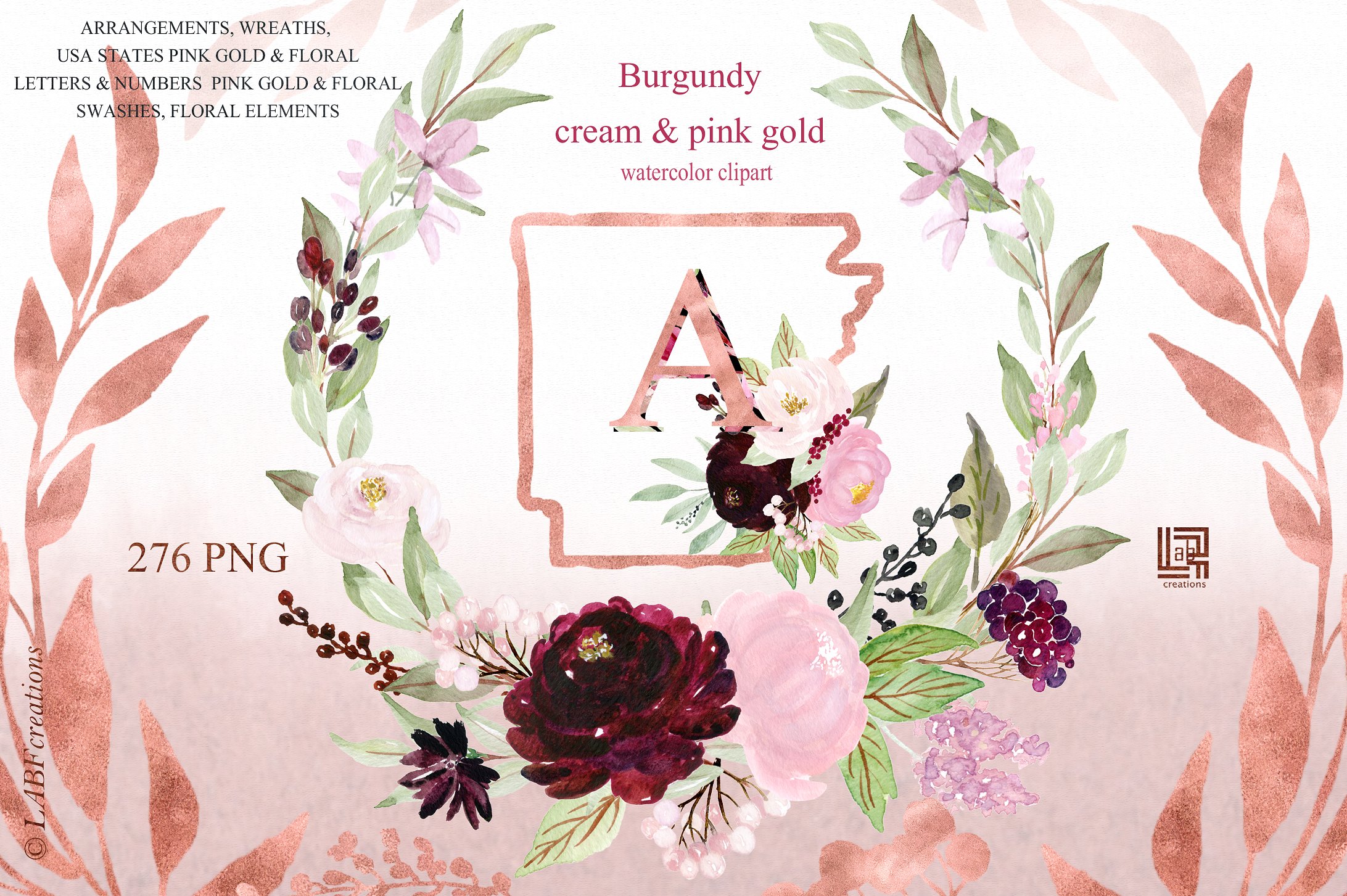 勃艮第奶油和金粉色水彩花卉剪贴画 Burgundy cream  & gold pink flowers插图2