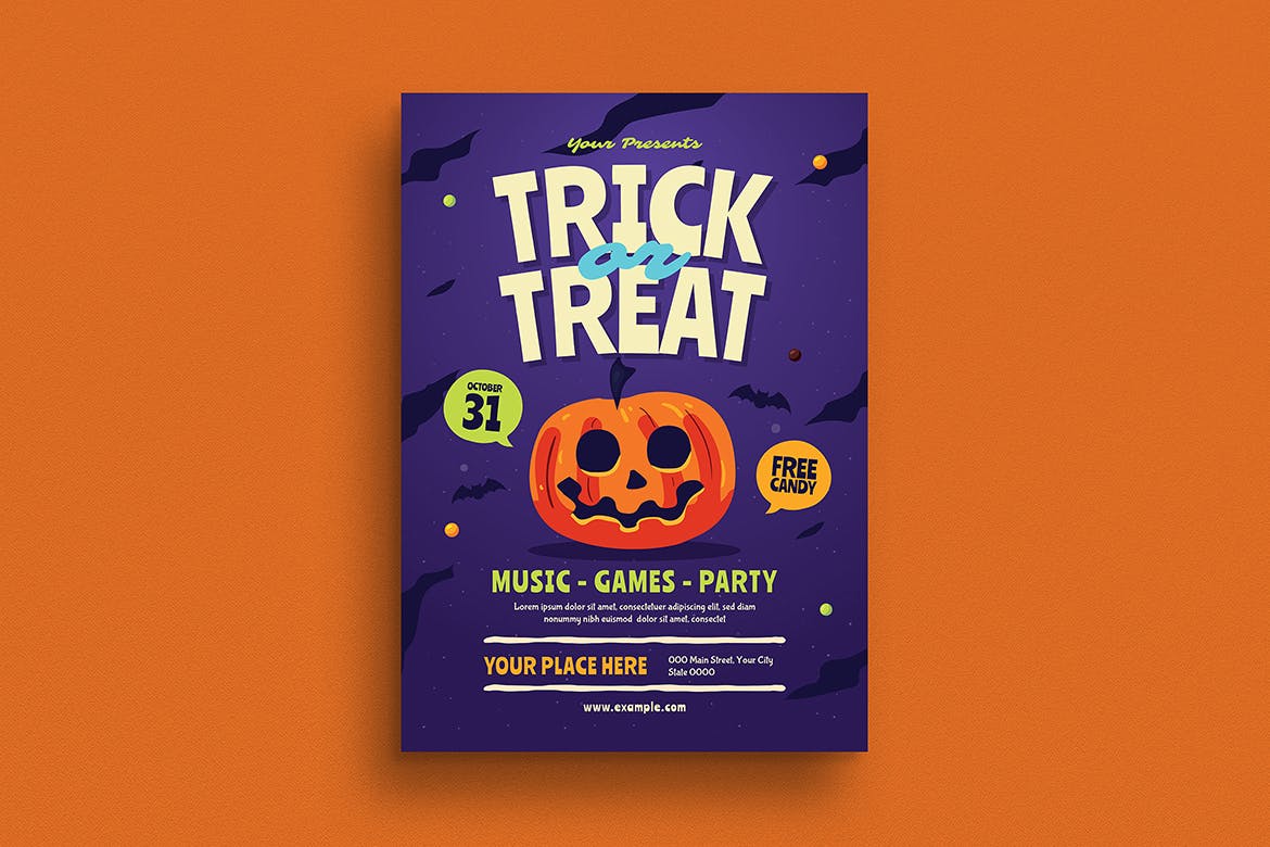 万圣节不给糖就捣乱主题活动海报传单设计模板 Halloween Trick or Treat Event Flyer插图(1)