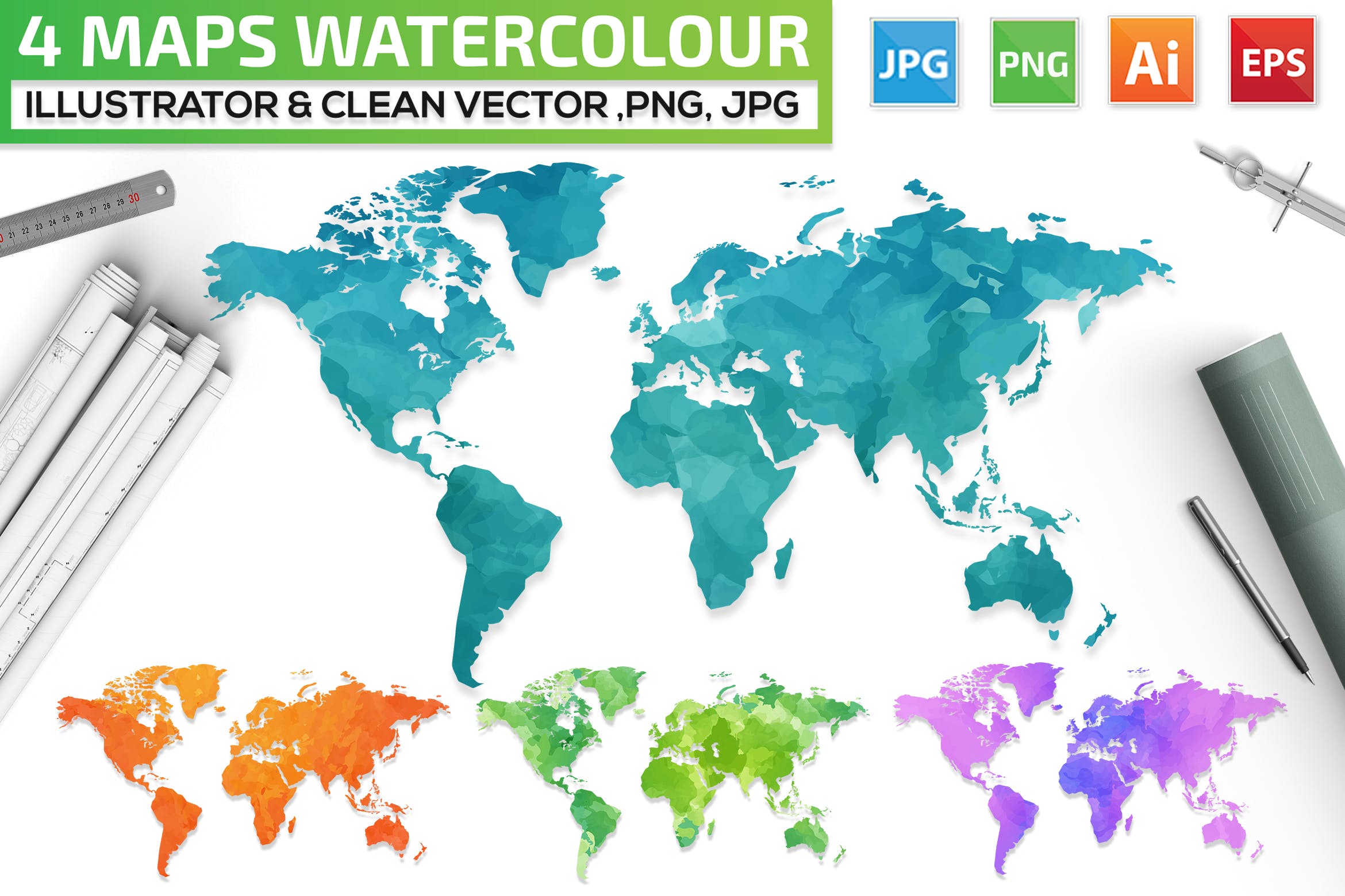 4款世界地图水彩手绘矢量图形素材 4 Maps Watercolour Design插图