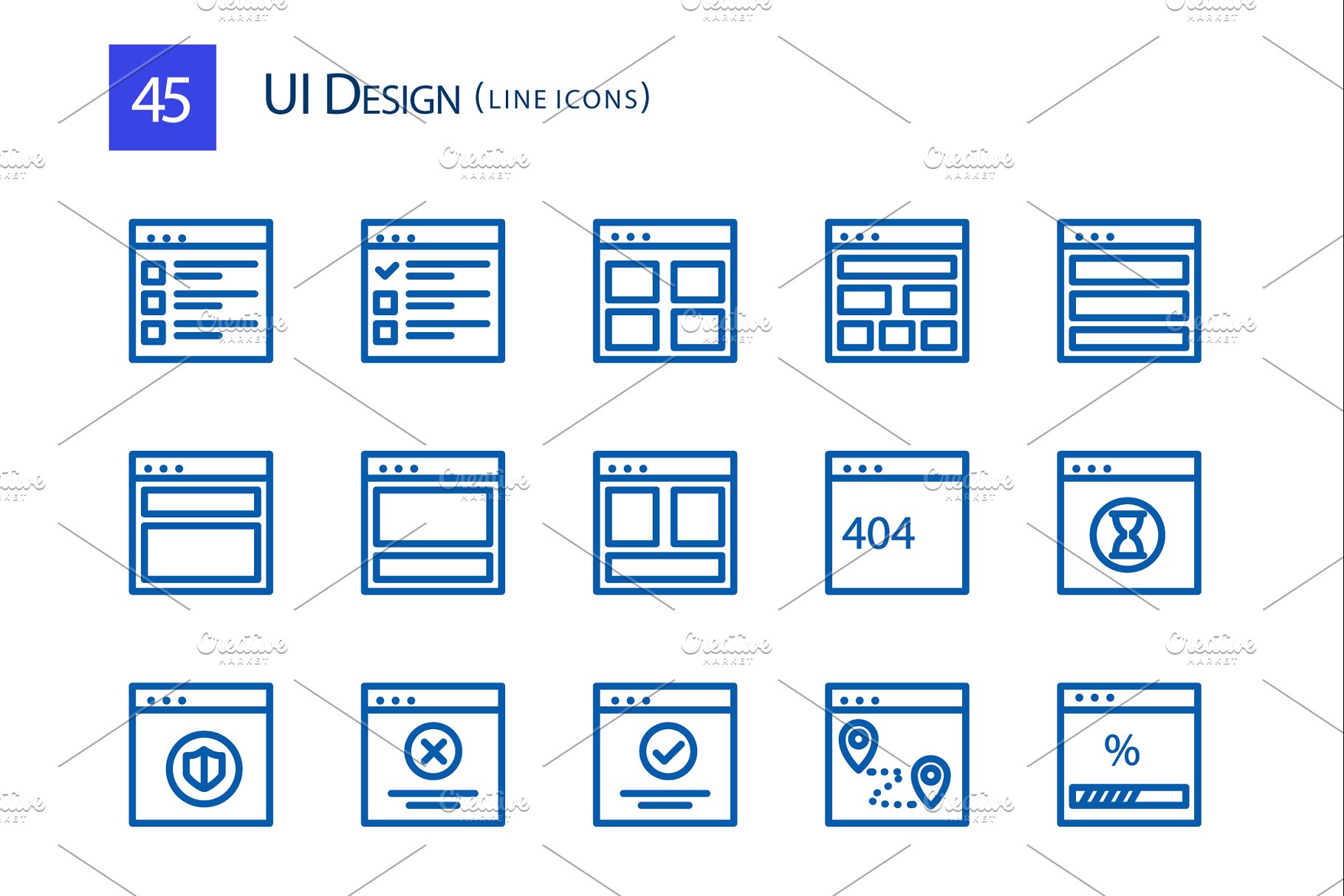 45个用户界面UI套件线条设计图标 45 UI Design Line Icons插图(1)