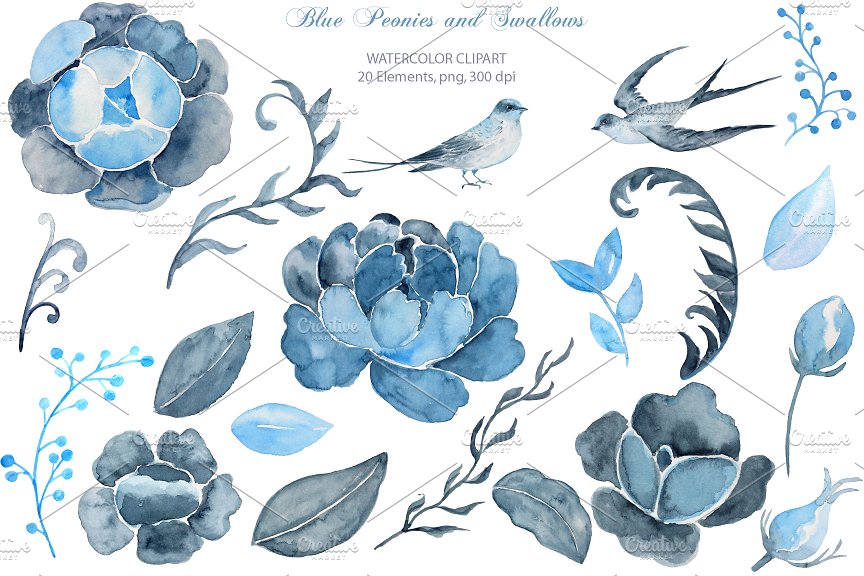 中国风艺术花卉水彩装饰剪贴画 Wedding Clipart Blue Peony Swallows插图1