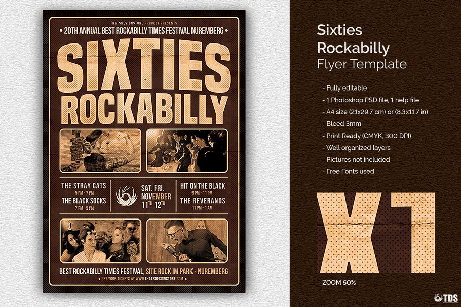 六十年代摇摆舞音乐会传单PSD模板 Sixties Rockabilly Flyer PSD插图