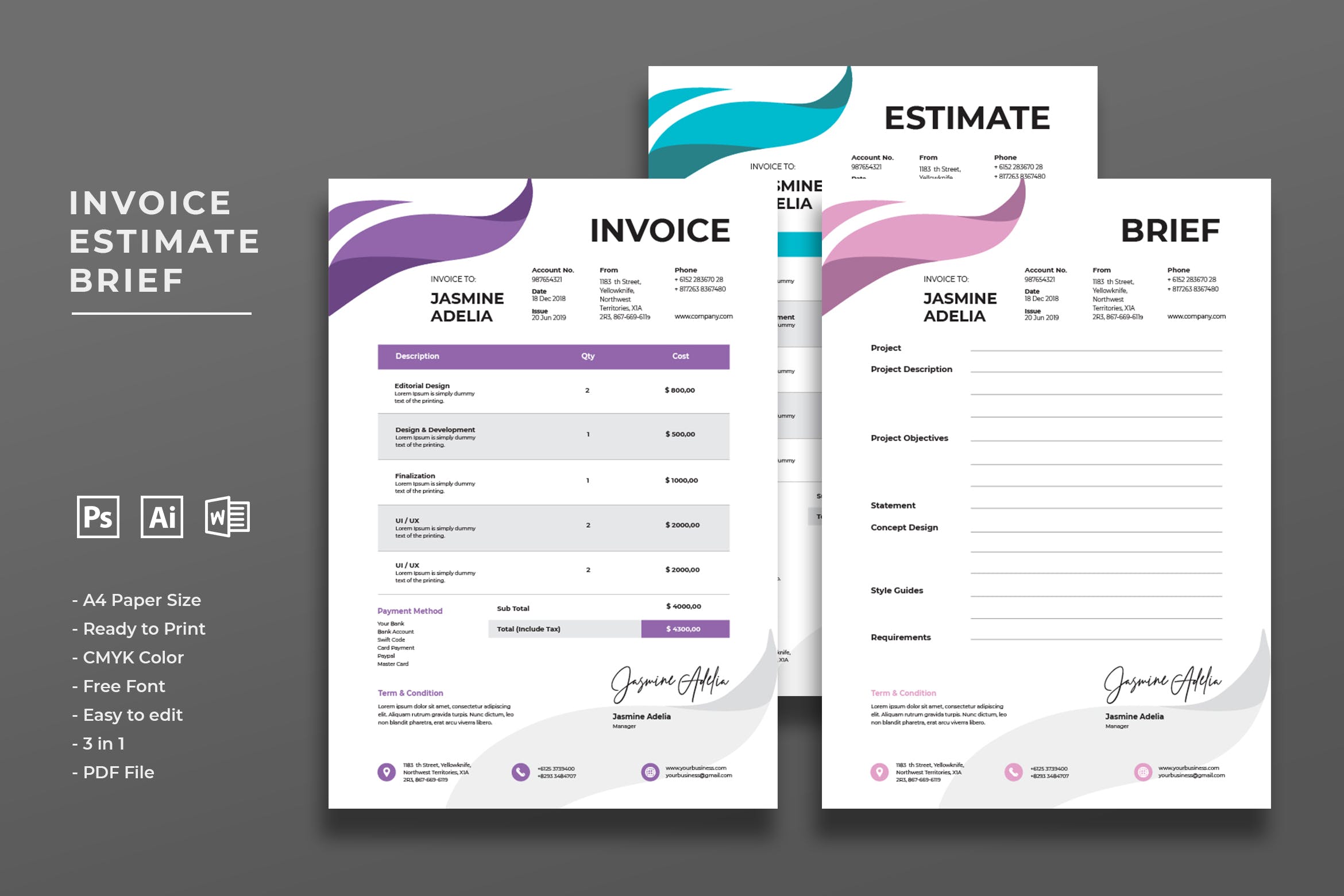 经典商用账单发票单据设计模板 Invoice Estimate Brief插图