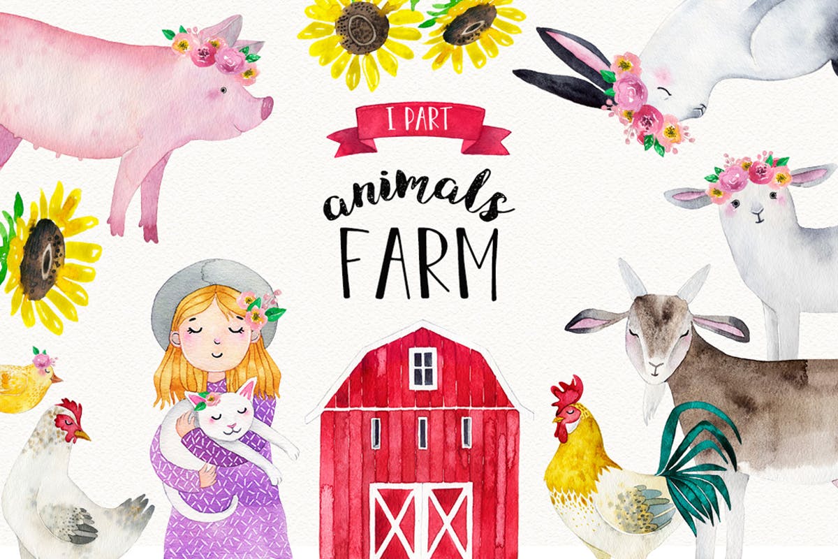 农场家畜动物水彩插画套装Vol.1 FARM ANIMALS watercolor set PART 1插图