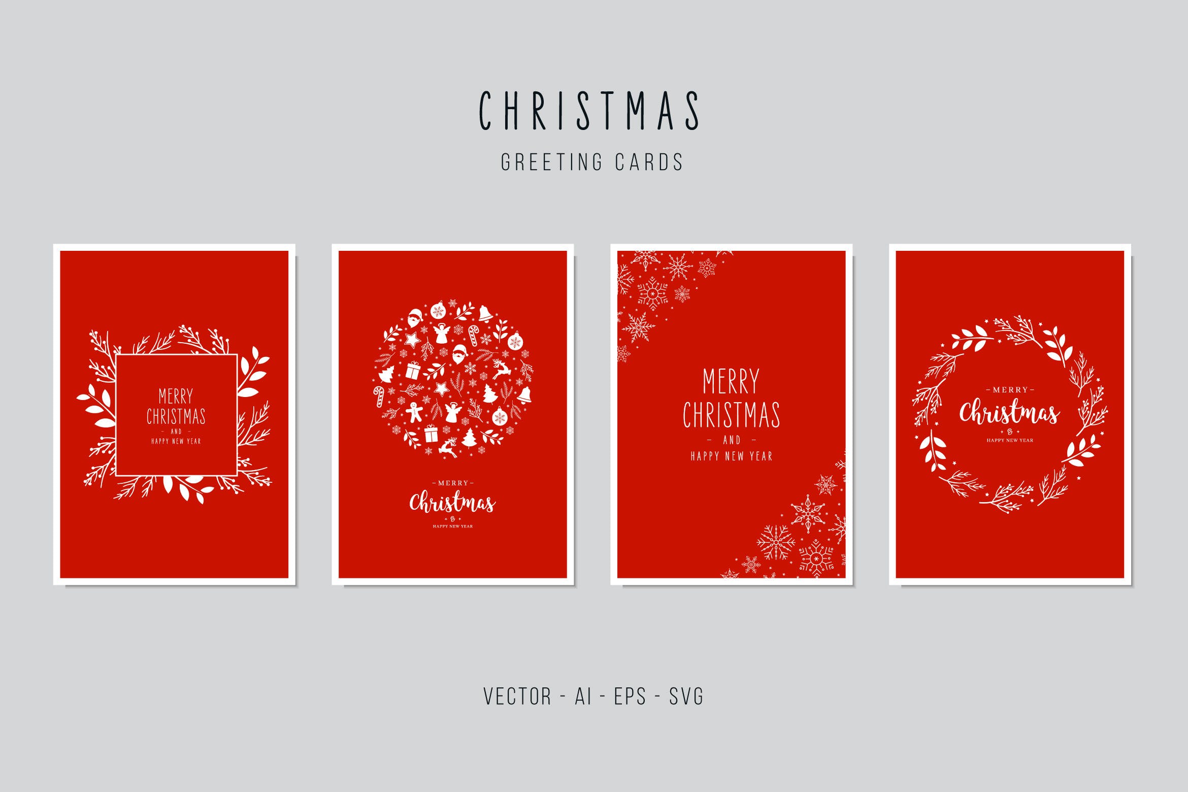 大红色背景圣诞节装饰元素圣诞节贺卡设计模板 Christmas Greeting Vector Card Set插图