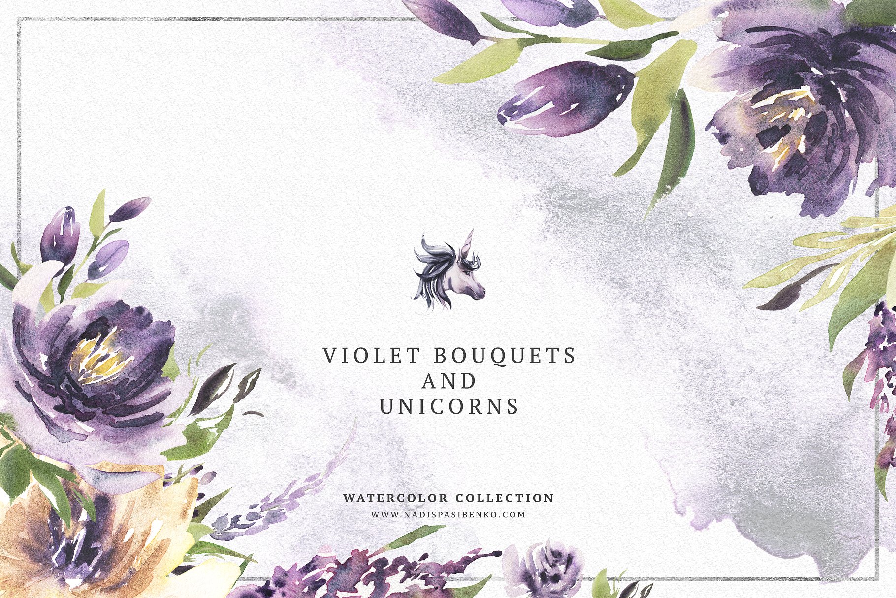 紫罗兰花束与独角兽水彩剪贴画 Violet Bouquets & Unicorns插图
