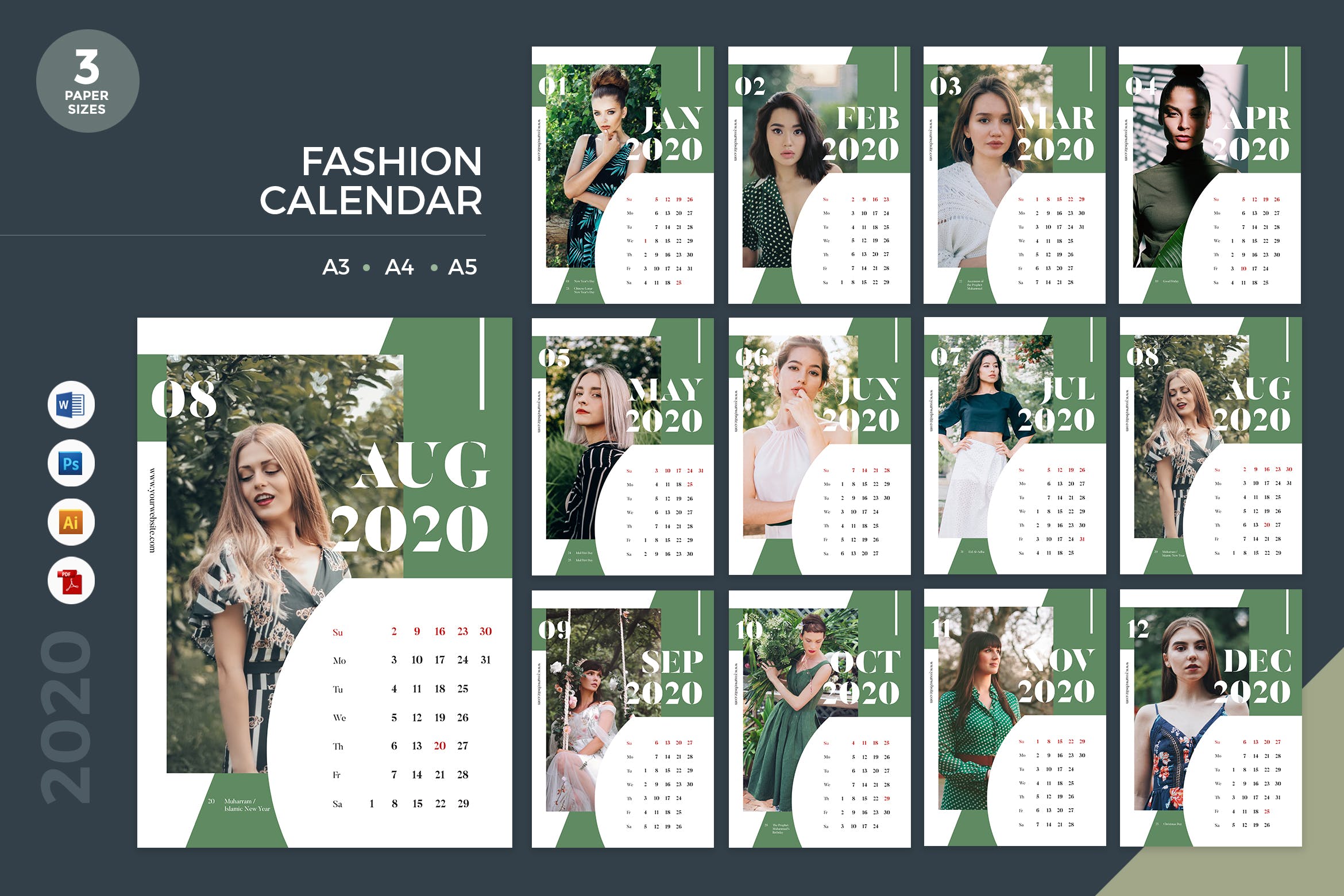 时尚行业主题2020年日历表定制设计模板 Fashion Calendar 2020 Calendar 2 – AI, DOC, PSD插图