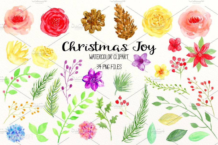 鲜亮喜庆的手绘彩色花卉松果插画 Watercolor Clipart  Christmas Joy插图(1)