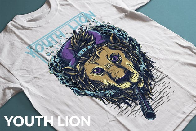 嬉皮狮子手绘T恤印花设计 Youth Lion插图1