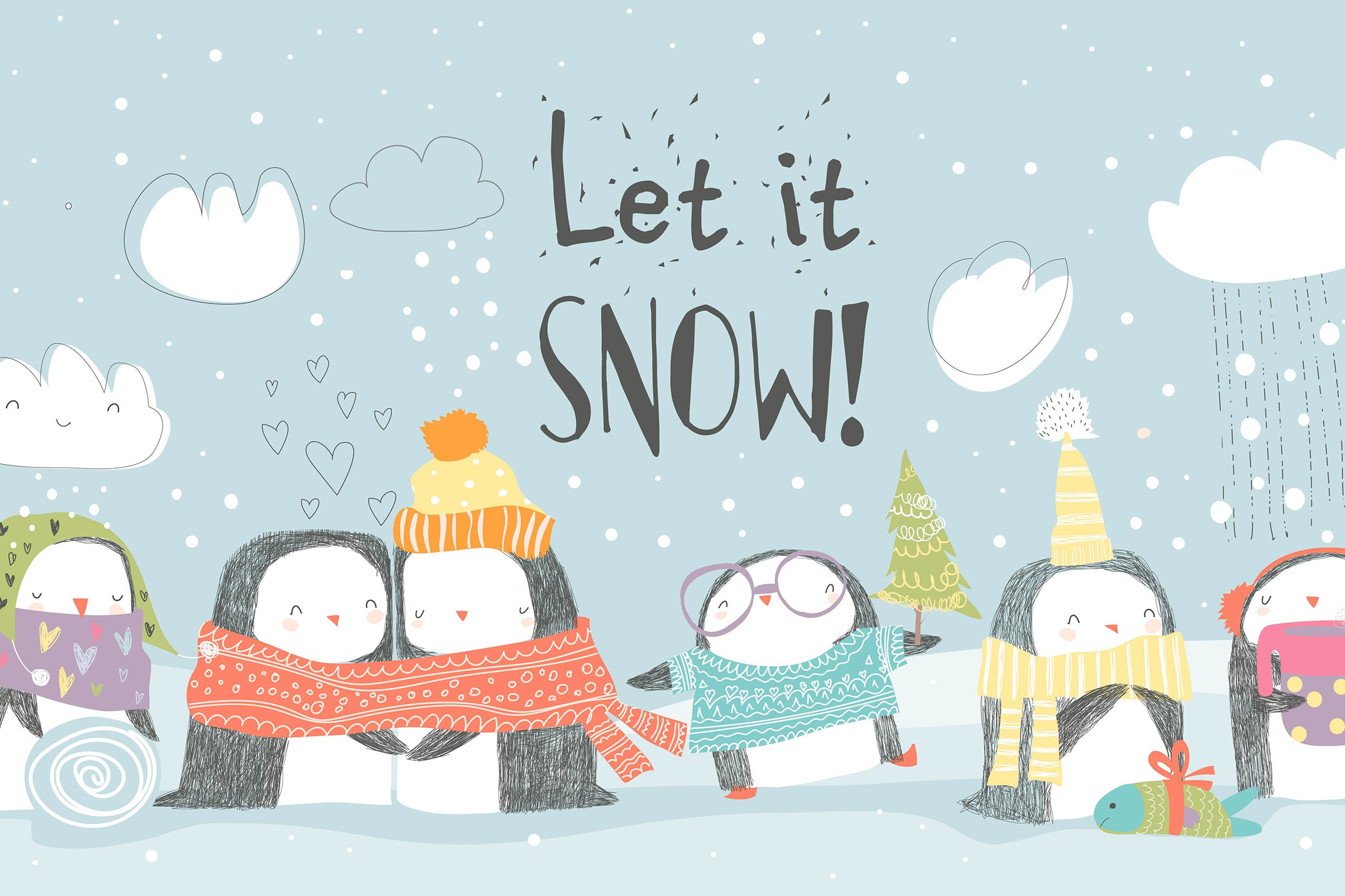 卡通企鹅庆祝圣诞节场景矢量插图素材 Cute penguins celebrating Christmas. Vector illust插图