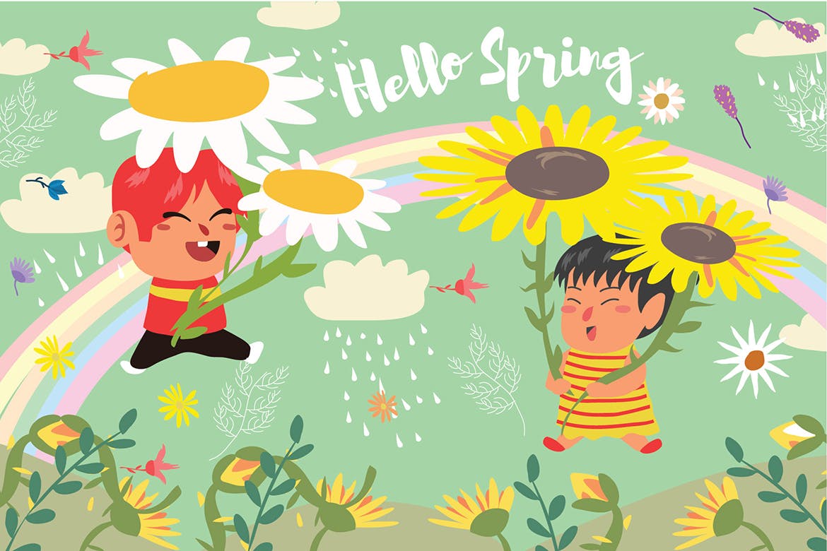 春天儿童乐园主题矢量插画素材 Hello Spring – Vector Illustration插图
