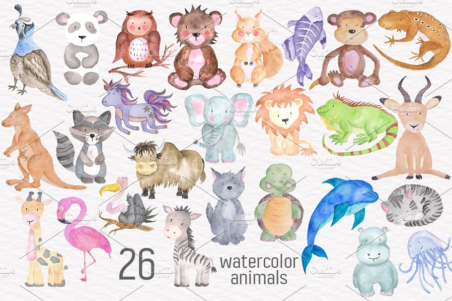 字母、可爱动物水彩图案&纹理 Alphabet Watercolor Animals Kit插图3