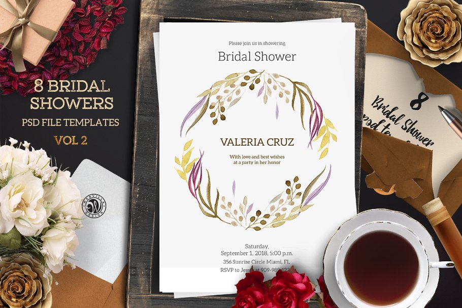 创意花卉元素单页面便签信纸模板 Bridal Shower Pack 2插图(1)