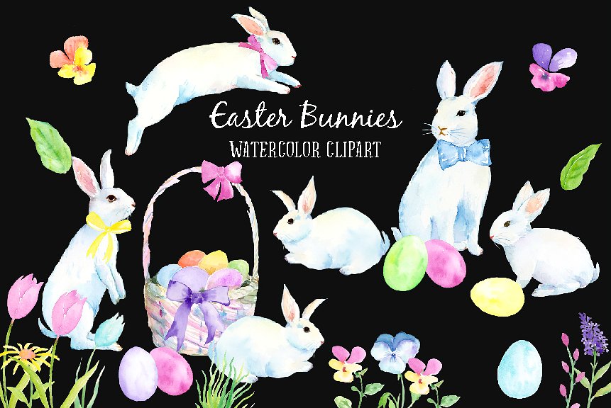 复活节兔子水彩剪贴画 Watercolor Easter Bunny插图