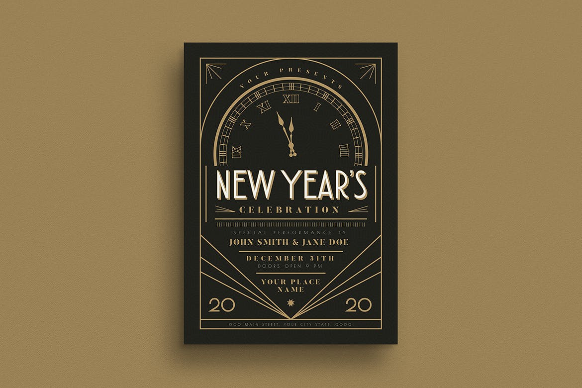 复古艺术风格新年倒计时活动海报传单模板 Art Deco New Year Event Flyer插图(1)