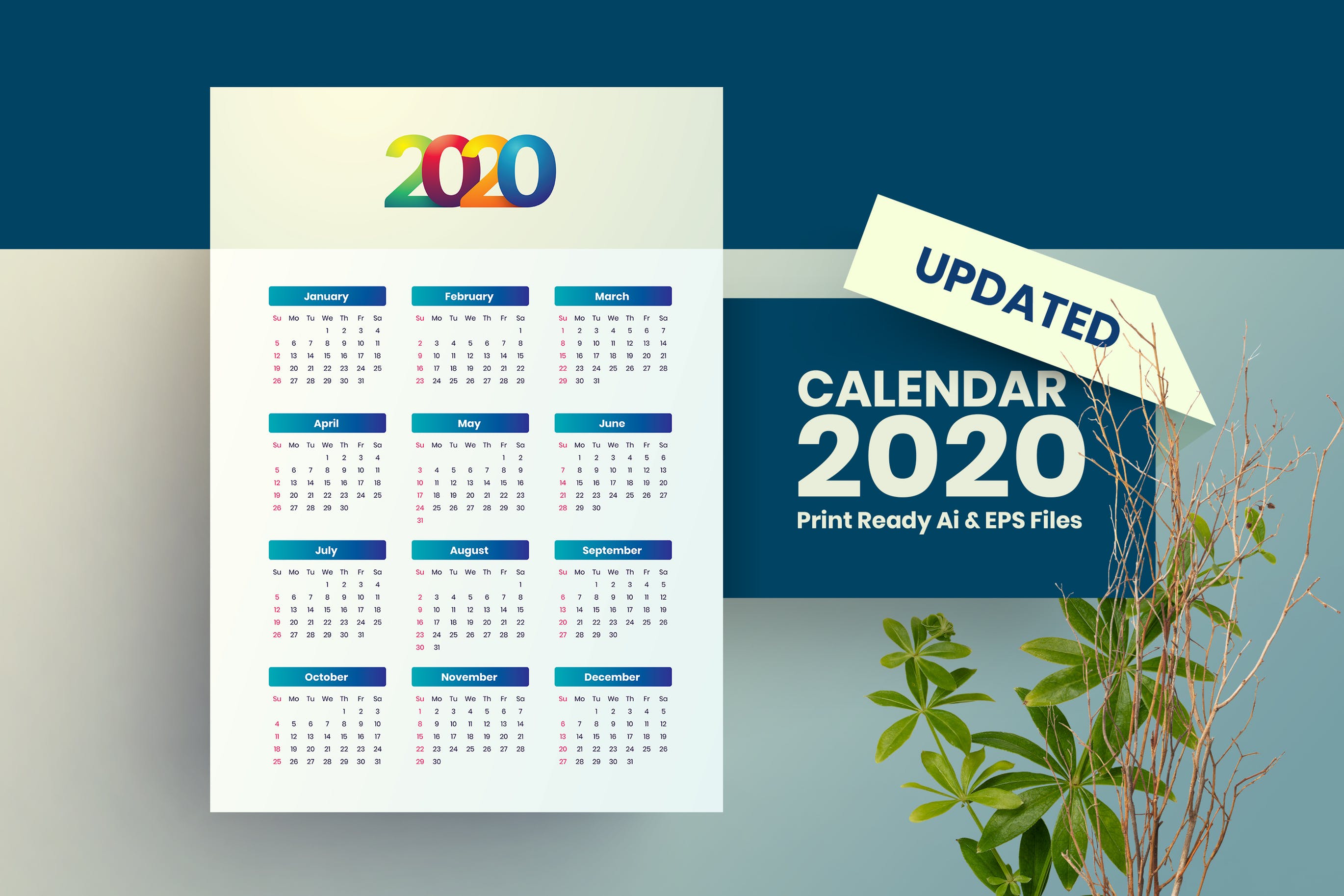 极简风格2020年单页日历表设计模板 Simple Calendar 2020插图