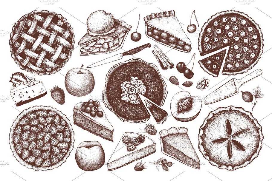 水果糕点及甜点插画设计套件 Fruit Pastries & Desserts Set插图1