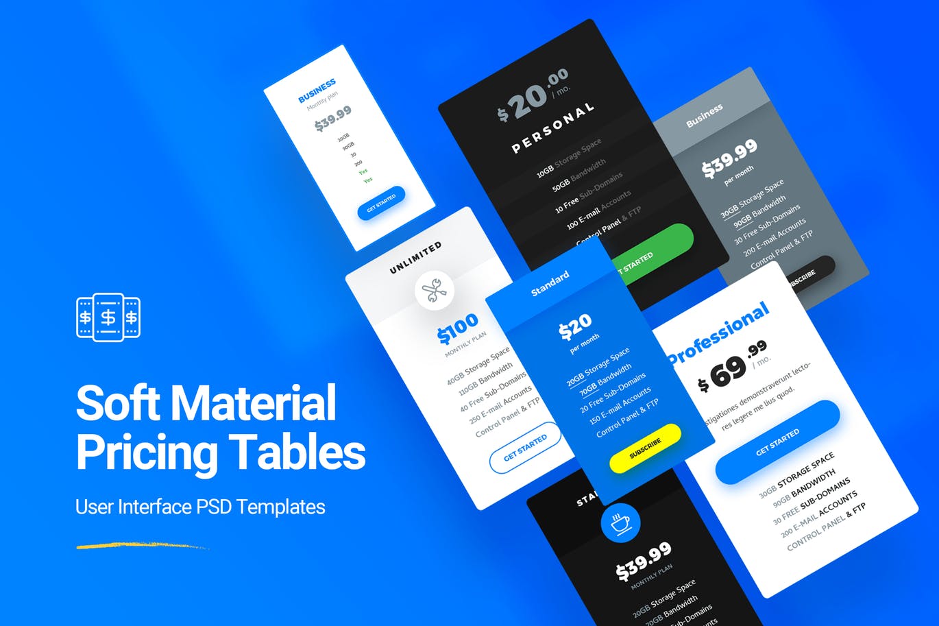 7种设计风格网站服务价格表单设计PSD模板 Soft Material Pricing Table PSD Templates插图