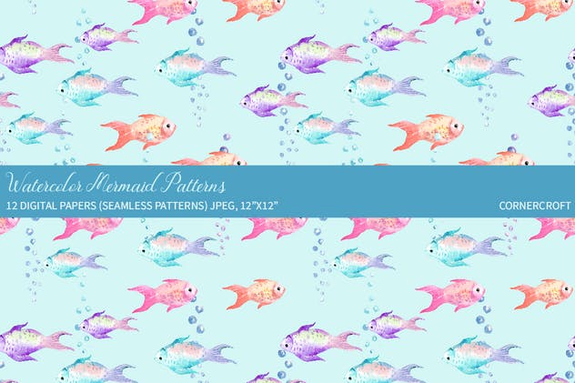 水彩手绘美人鱼图案纸张背景素材 Watercolor Mermaid Digital Paper插图(7)