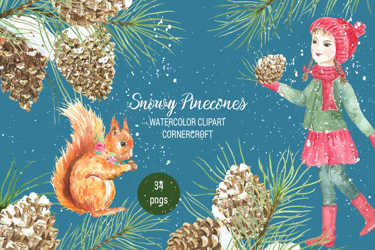 雪花松果圣诞节主题水彩系列插画套装 Watercolor Snowy Pinecones插图