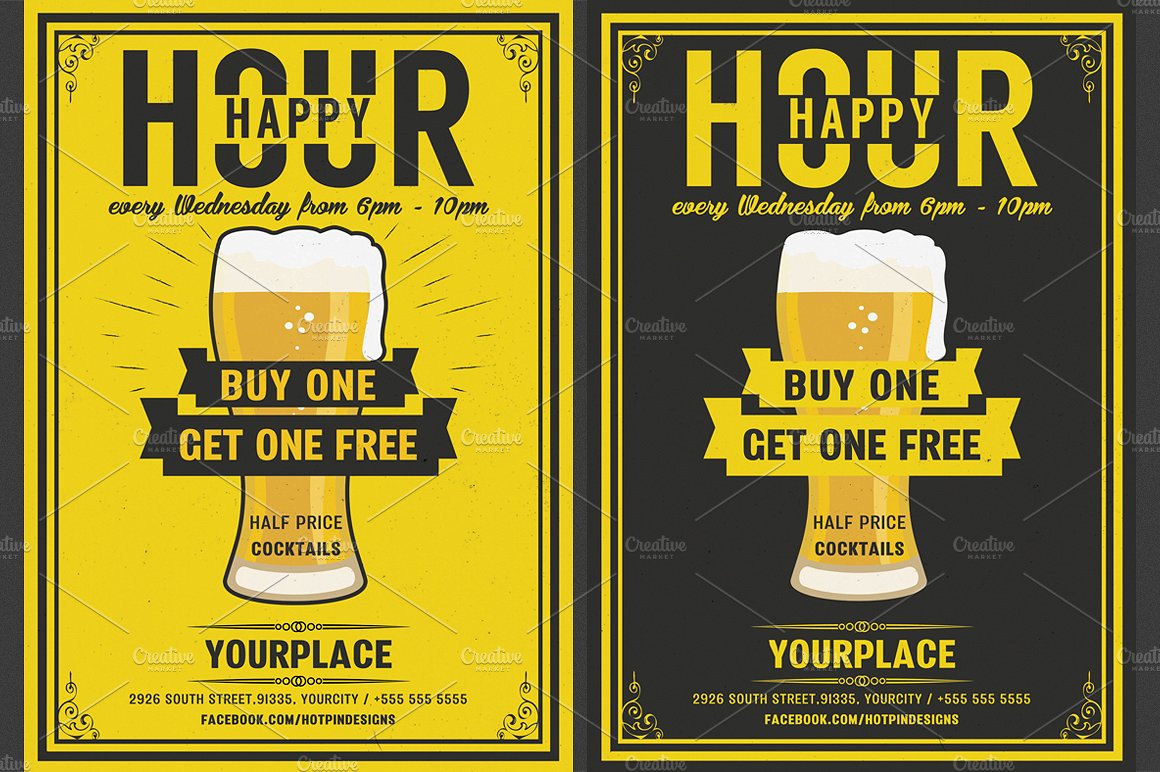 现代欢乐时光啤酒节传单模板 Beer Happy Hour Flyer Template插图
