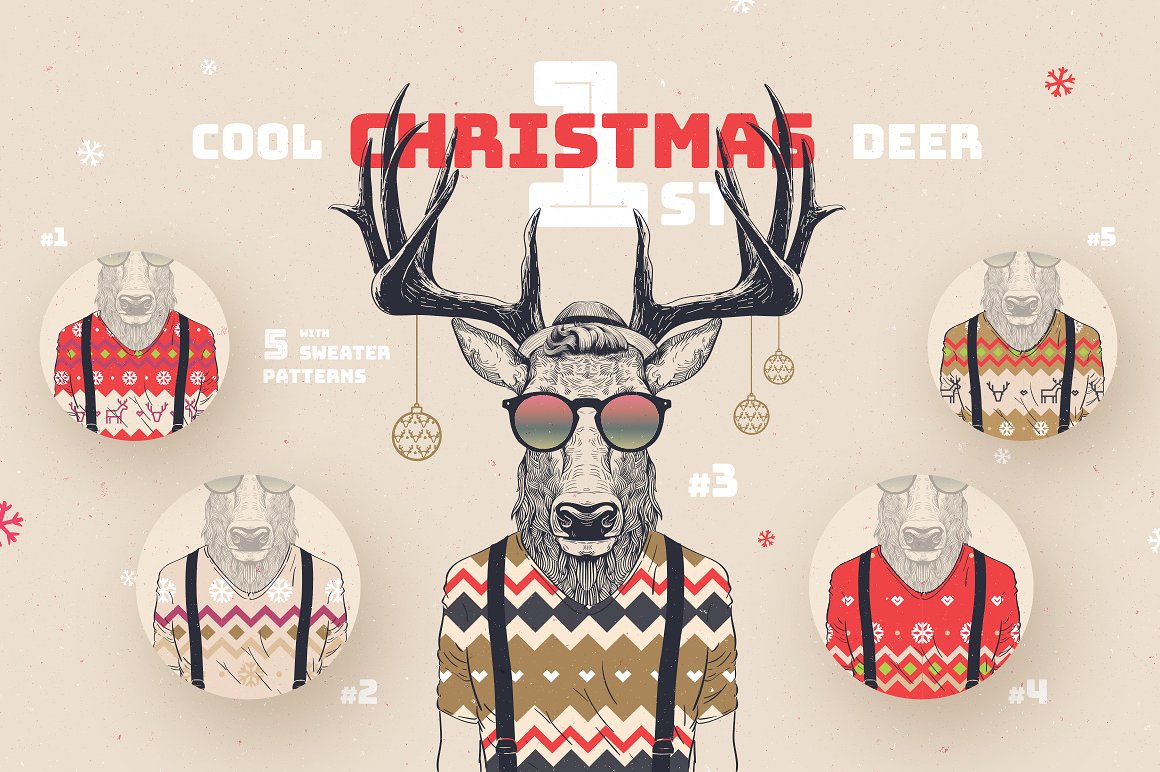 80年代穿复古毛衣的鹿5种不同的圣诞节模式插图(1)
