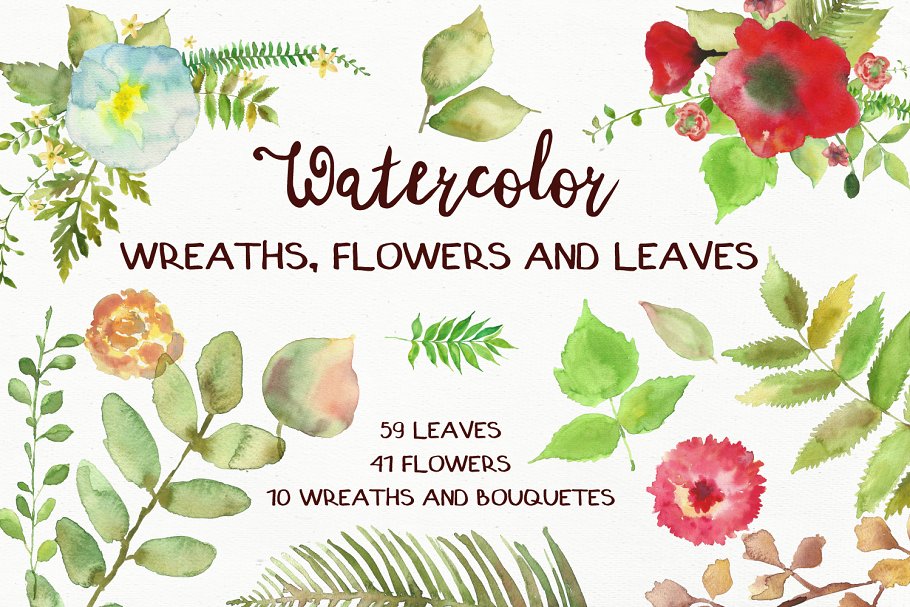 水彩花卉和树叶剪贴画 Watercolor Flowers and Leaves Pack插图