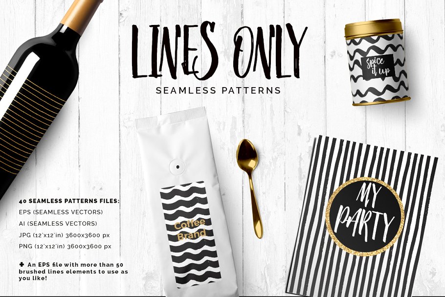 黑白手绘线条纹理 Black & White Brushed Lines Patterns插图