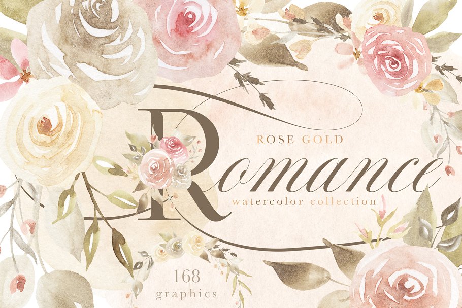 玫瑰金浪漫水彩花卉剪贴画 Rose Gold Romance Watercolor Flowers插图