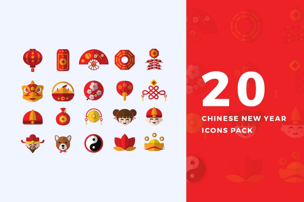 20枚中国新年喜庆元素图标 20 Flat Chinese New Year Icons Pack插图