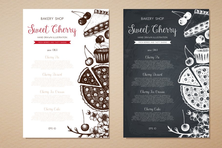 墨水手绘烘焙樱桃甜点矢量插图合集 Cherry Desserts & Baking Set插图(4)