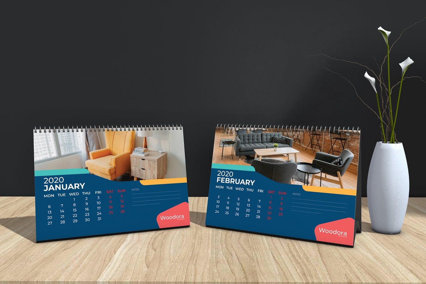 家具品牌定制2020年活页台历设计模板 Woodora Furniture Table Calendar 2020插图(1)