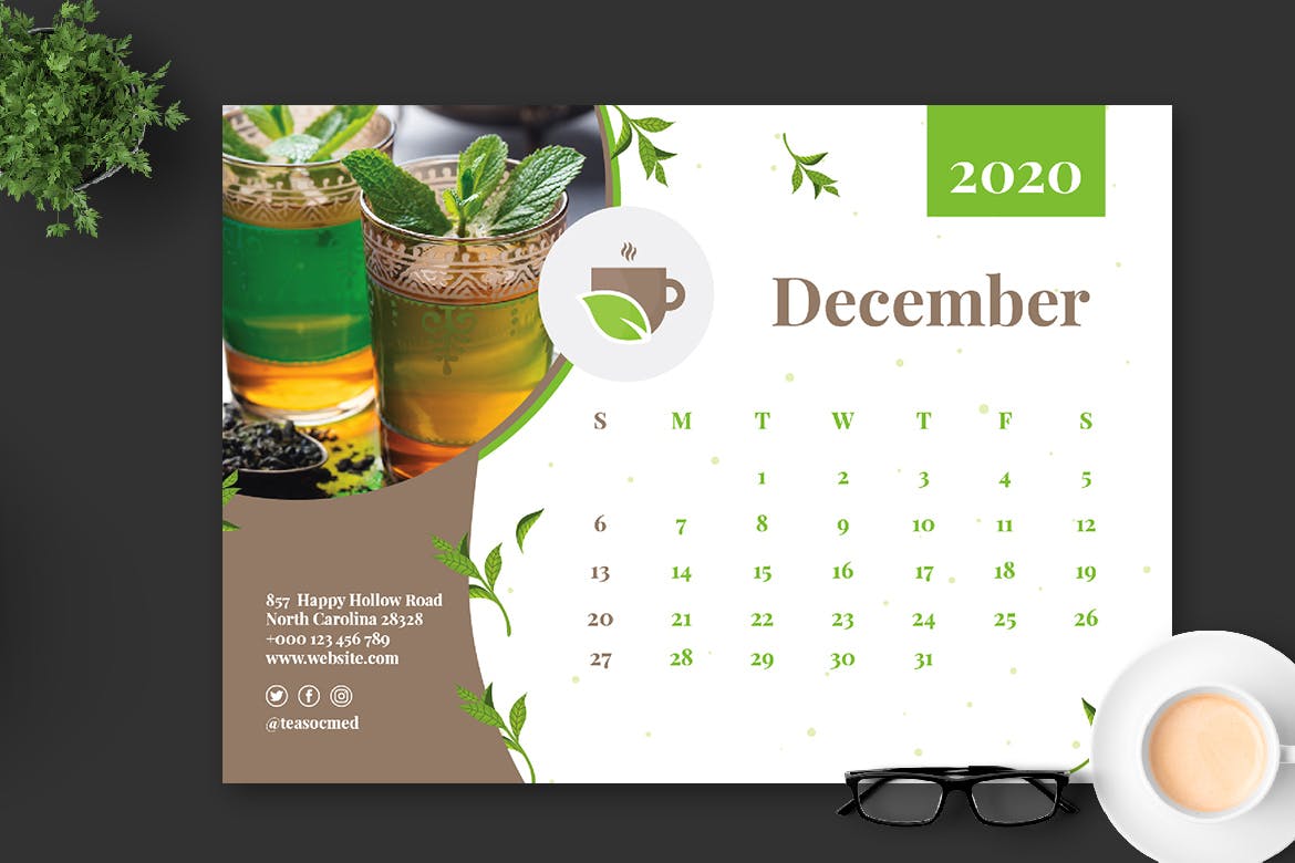 茶文化茶叶品牌定制2020年活页台历表设计模板 2020 Tea Herbal Green Calendar Pro插图7