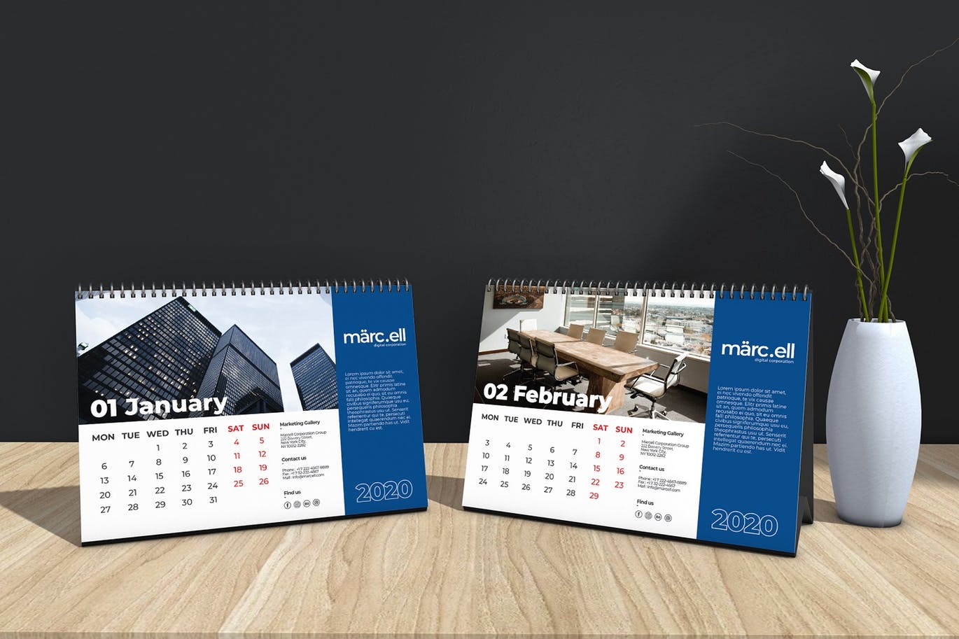 2020年深蓝色翻页台历表设计模板 Marcell Corporate Table Calendar 2020插图2