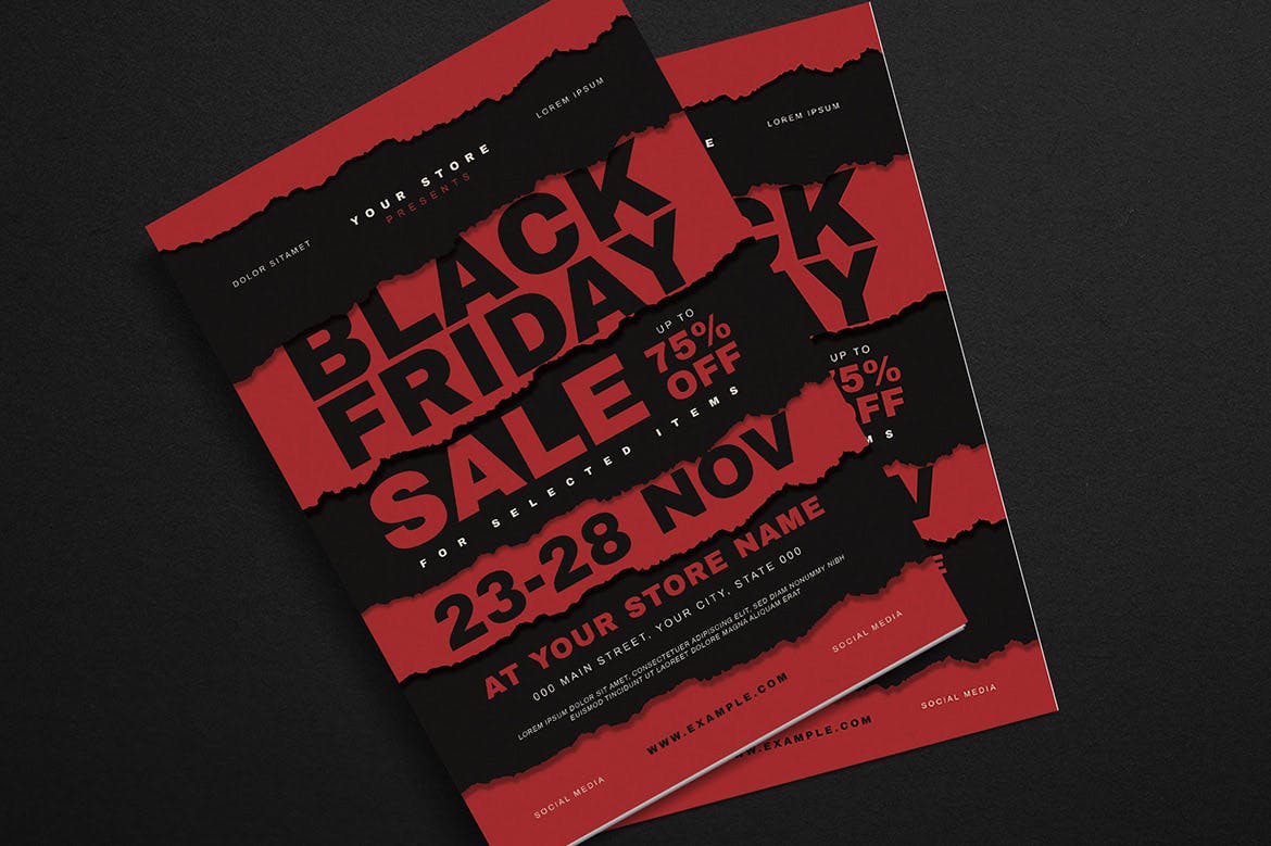 红黑配色撕纸风格黒五促销广告海报传单模板 Black Friday Event Flyer插图(3)