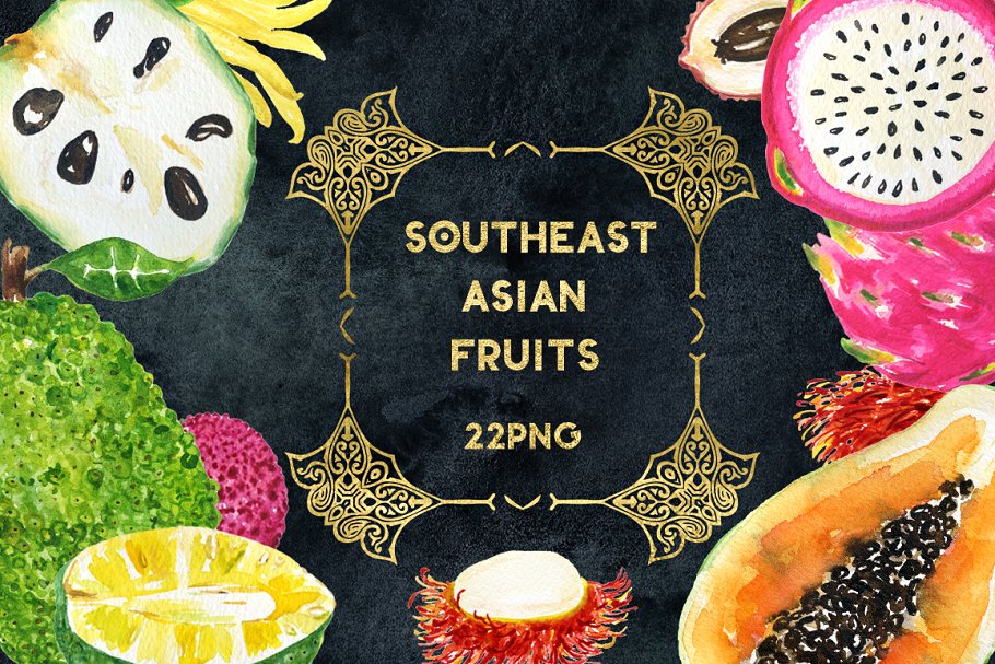 亚洲热带水果水彩剪切画 Tropical Asian fruits watercolor插图1