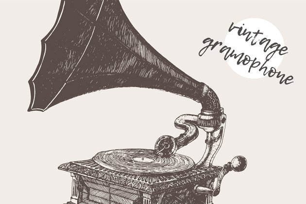 黑白风留声机矢量插画 Illustration of a gramophone插图