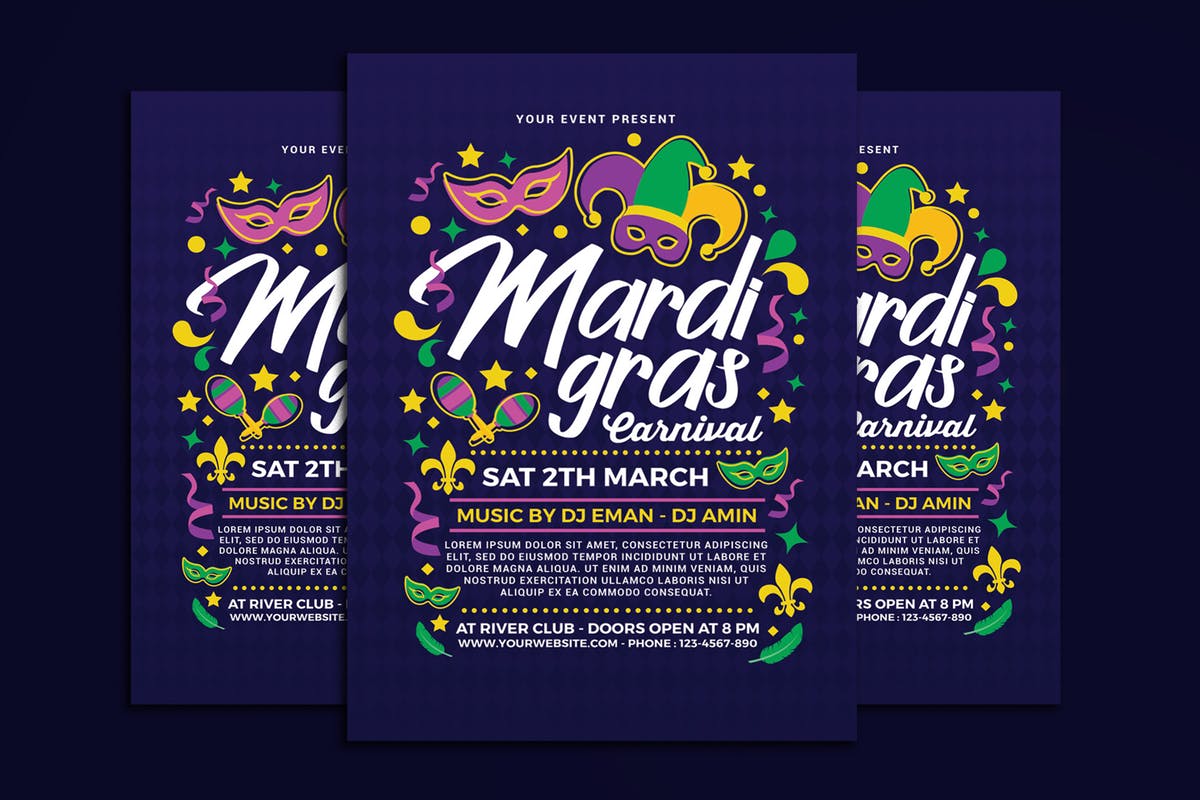 狂欢节嘉年华海报PSD模板 Mardi Gras Carnival插图