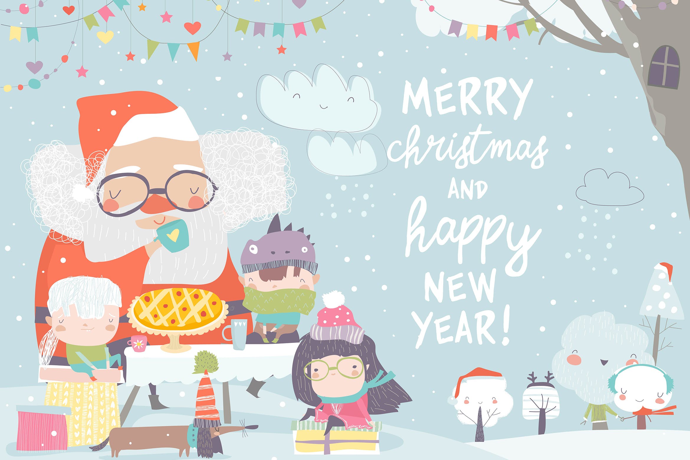 圣诞老人&快乐儿童茶话会场景矢量插画素材 Santa Claus drinking tea with happy children. Vect插图