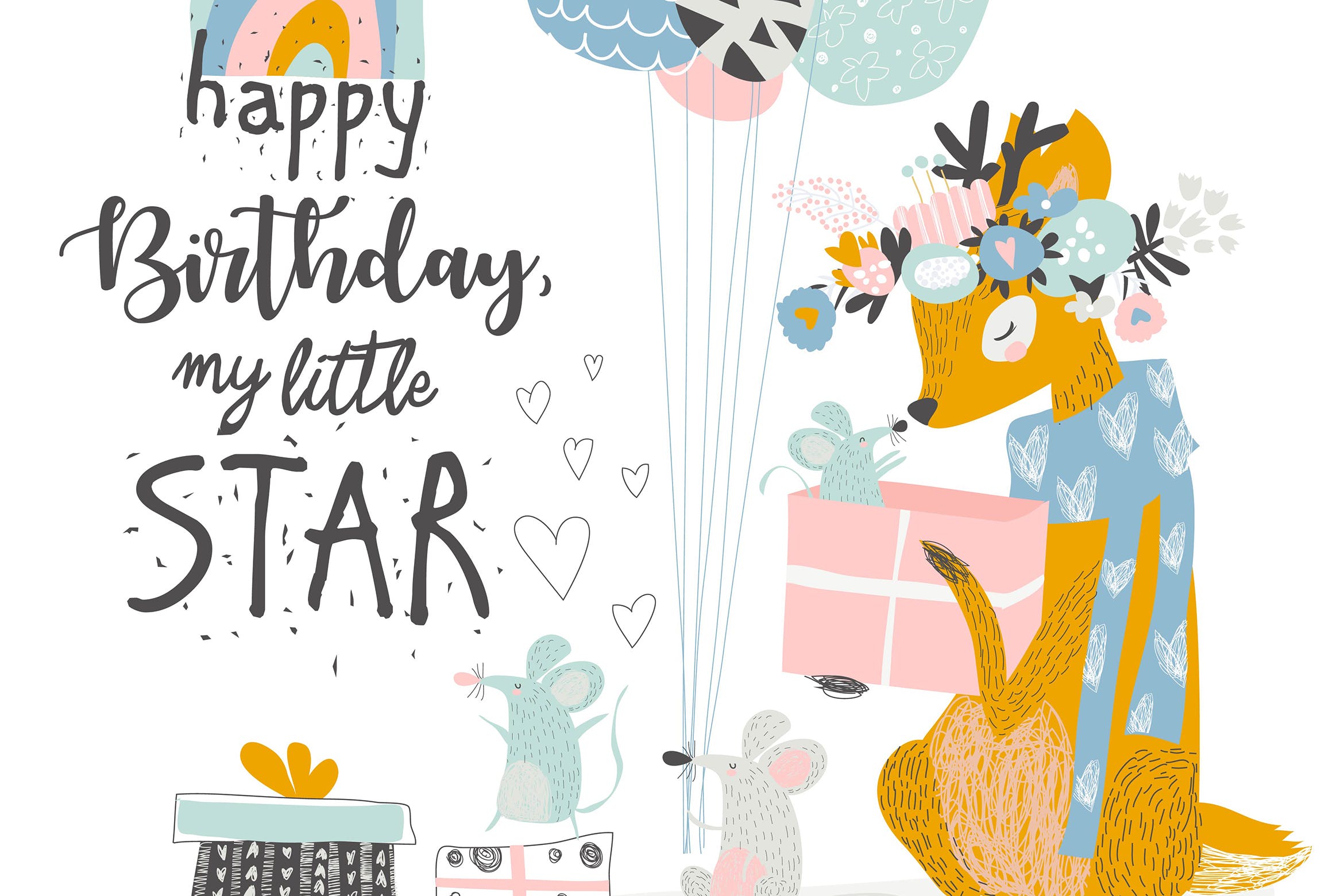 可爱麋鹿&老鼠矢量动物手绘插画设计素材 Vector Greeting Birthday card with cute deer and m插图