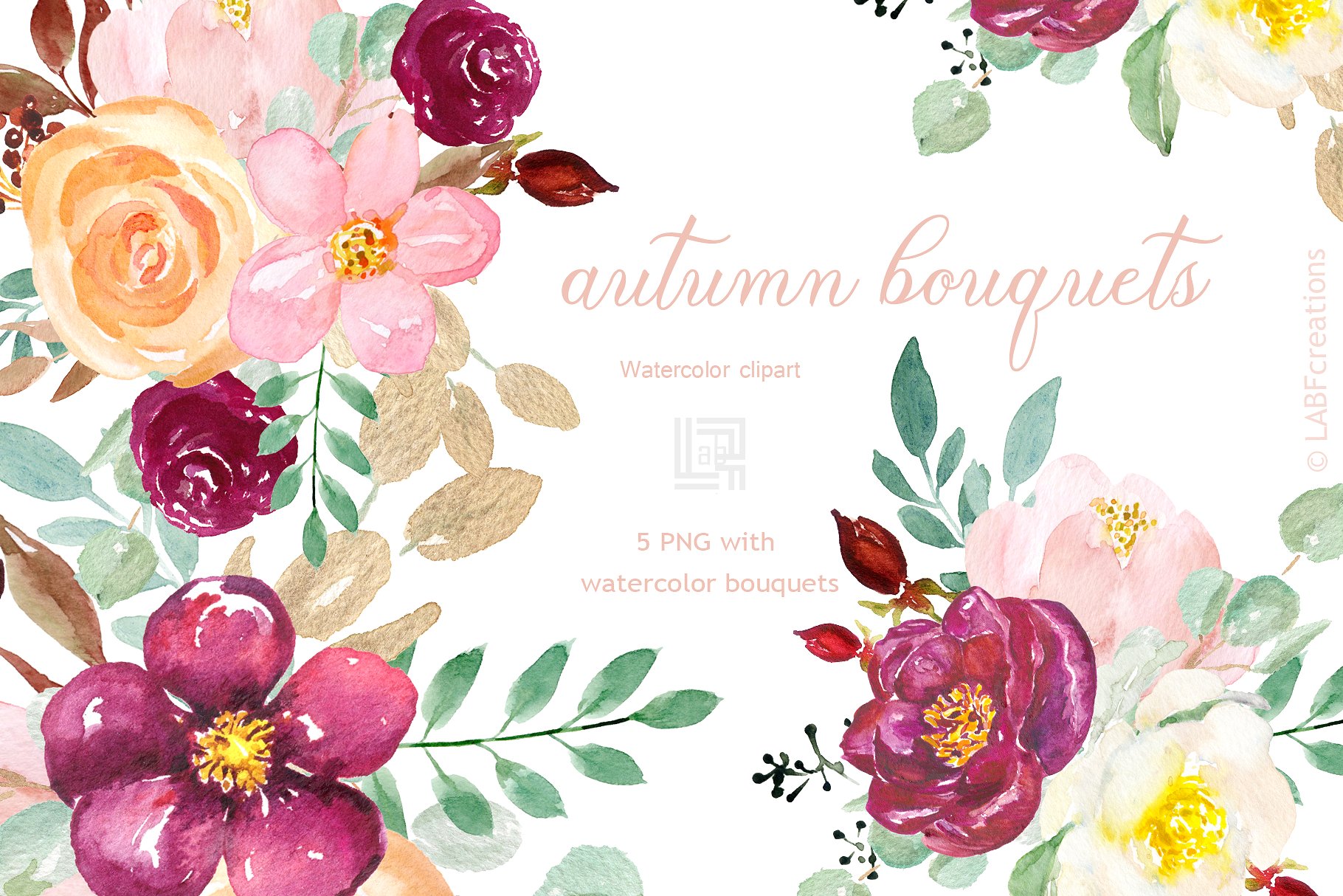 浪漫精致的秋季水彩花束剪贴画 Autumn watercolour bouquets插图(2)