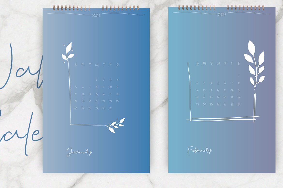 2020年简约植物手绘图案日历表设计模板 Wall Calendar 2020 Layout插图(2)