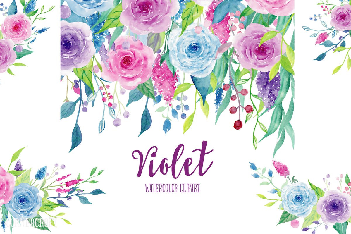 紫罗兰色水彩花卉剪贴画素材合集 Watercolor Clipart Violet Collection插图