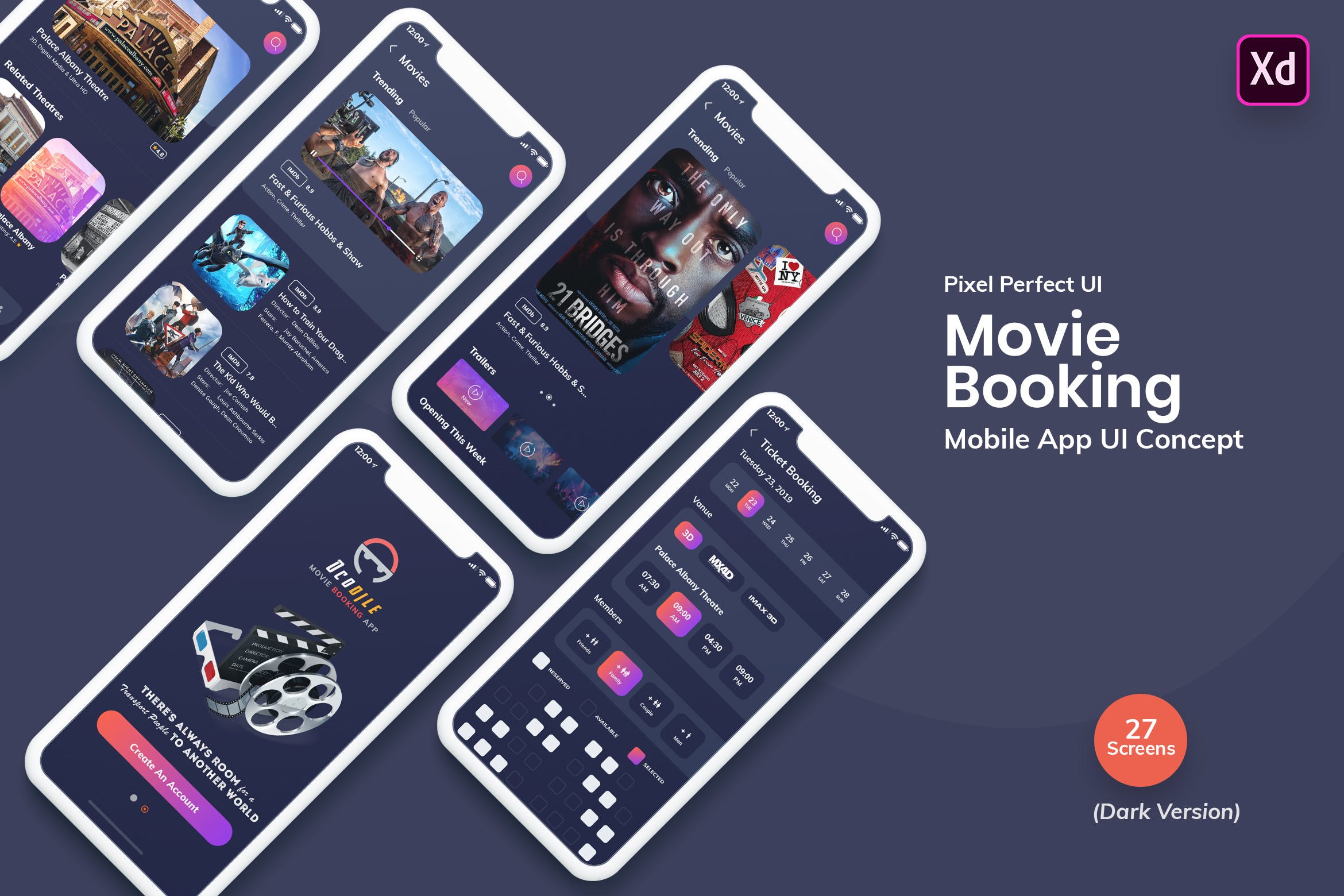 电影在线选座订票APP应用UI设计XD模板[夜间模式版本] Ocodile-Movie Booking Mobile App UI Kit Dark (XD)插图