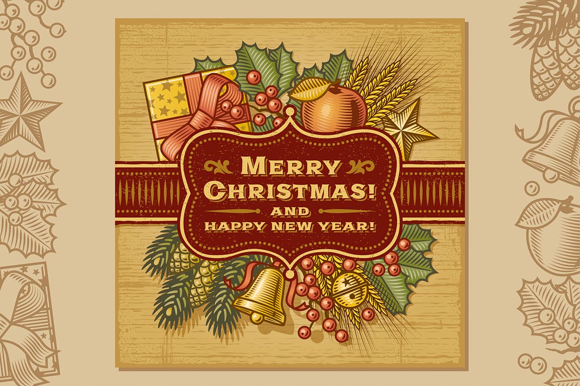 复古设计风格圣诞节贺卡设计模板 Merry Christmas Retro Card插图