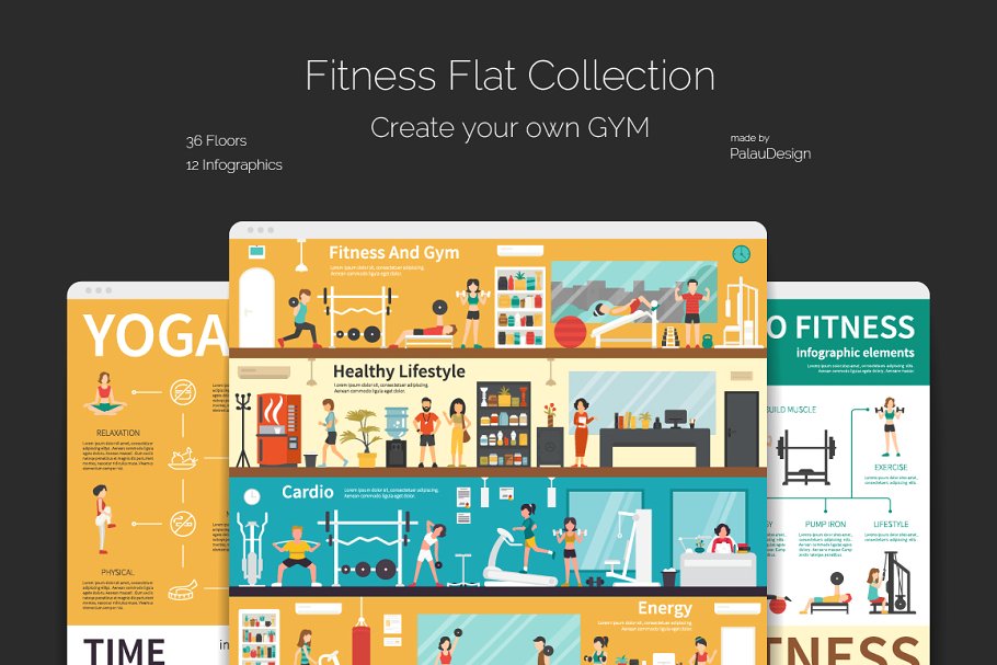 健身俱乐部扁平风概念图标合集 Fitness Flat Collection插图