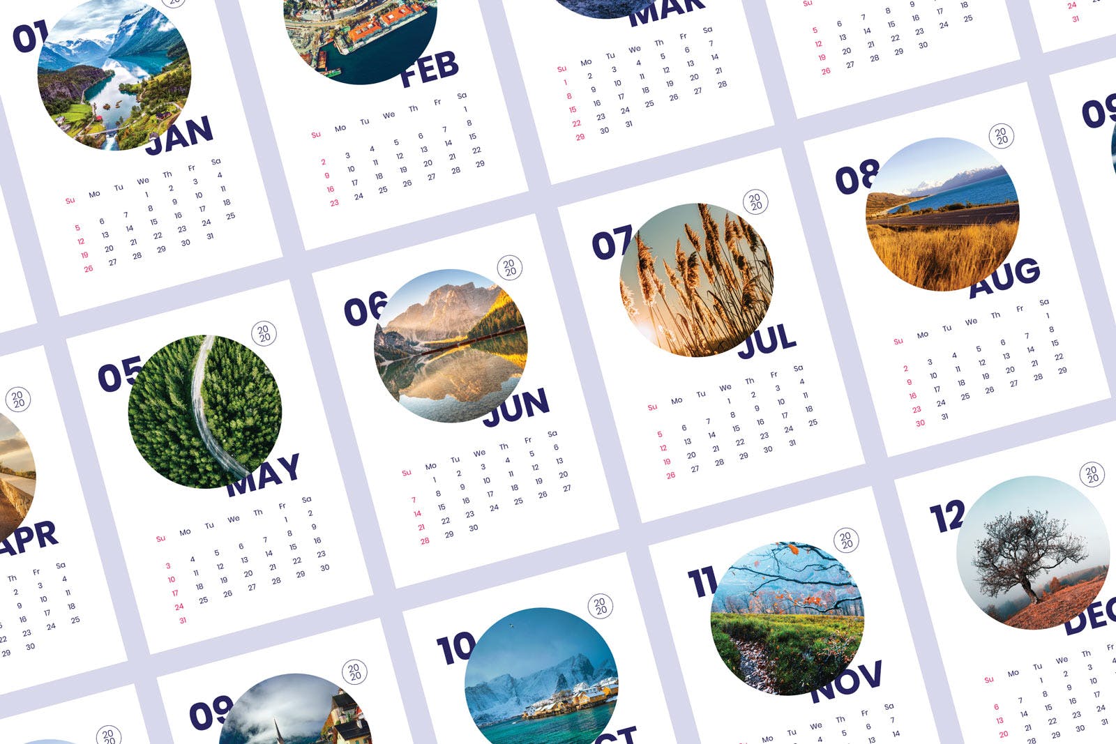 2020年风景日历年历设计模板 Calendar插图2