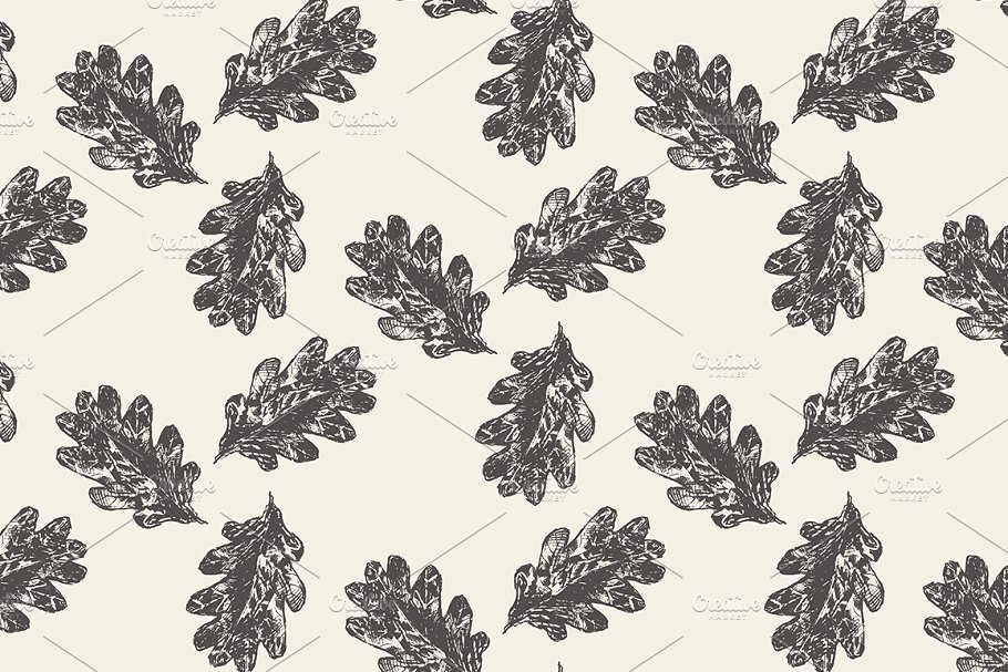 橡树叶素描无缝图案素材 Oak leaves seamless pattern插图1