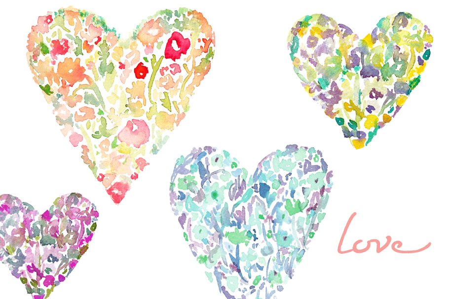 水彩花卉心形图形图案 Watercolor Floral Hearts插图(1)